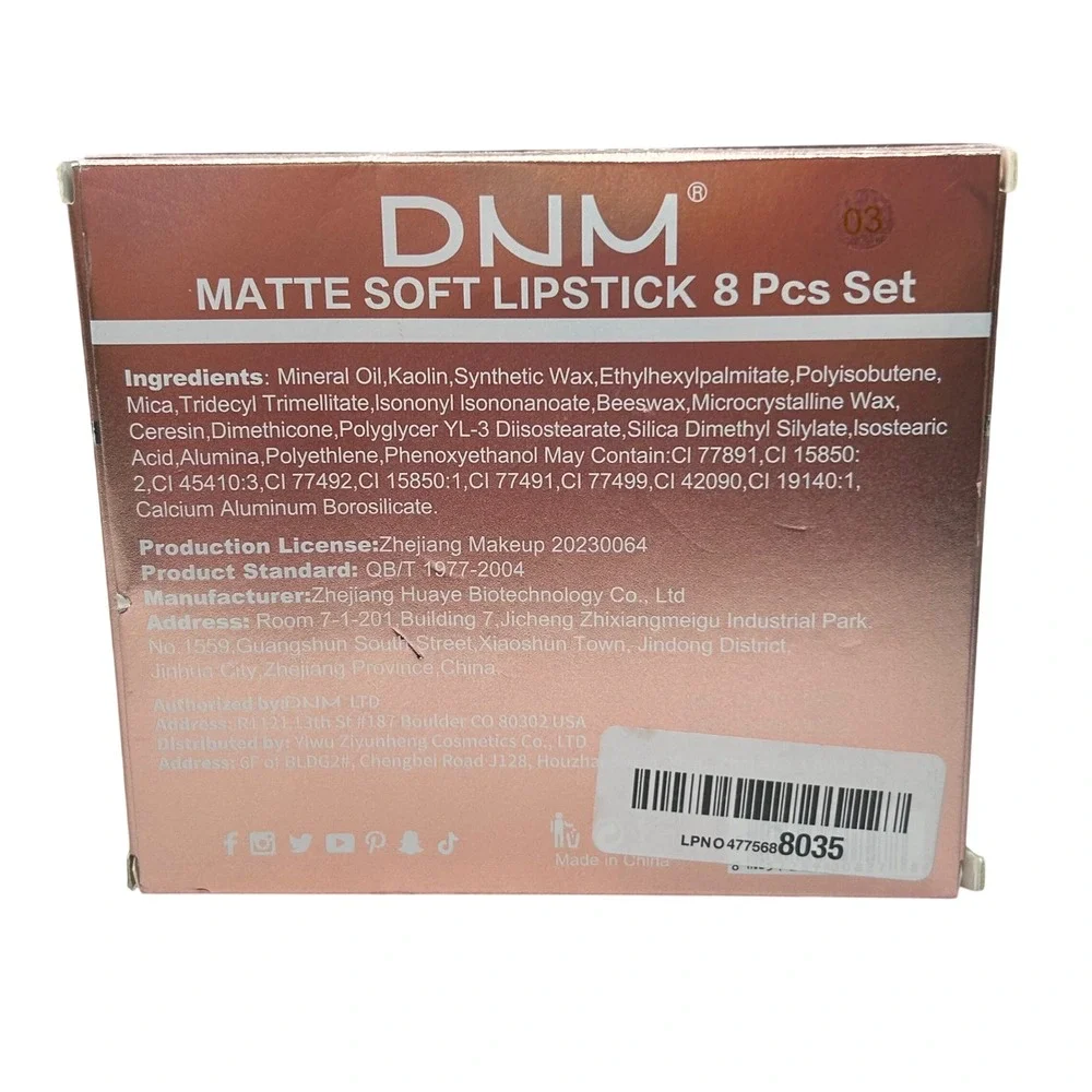 DNM Matte Soft Lipstick 8 Pcs Set Long Lasting Liquid Lip Color Cosmetics‎ NEW